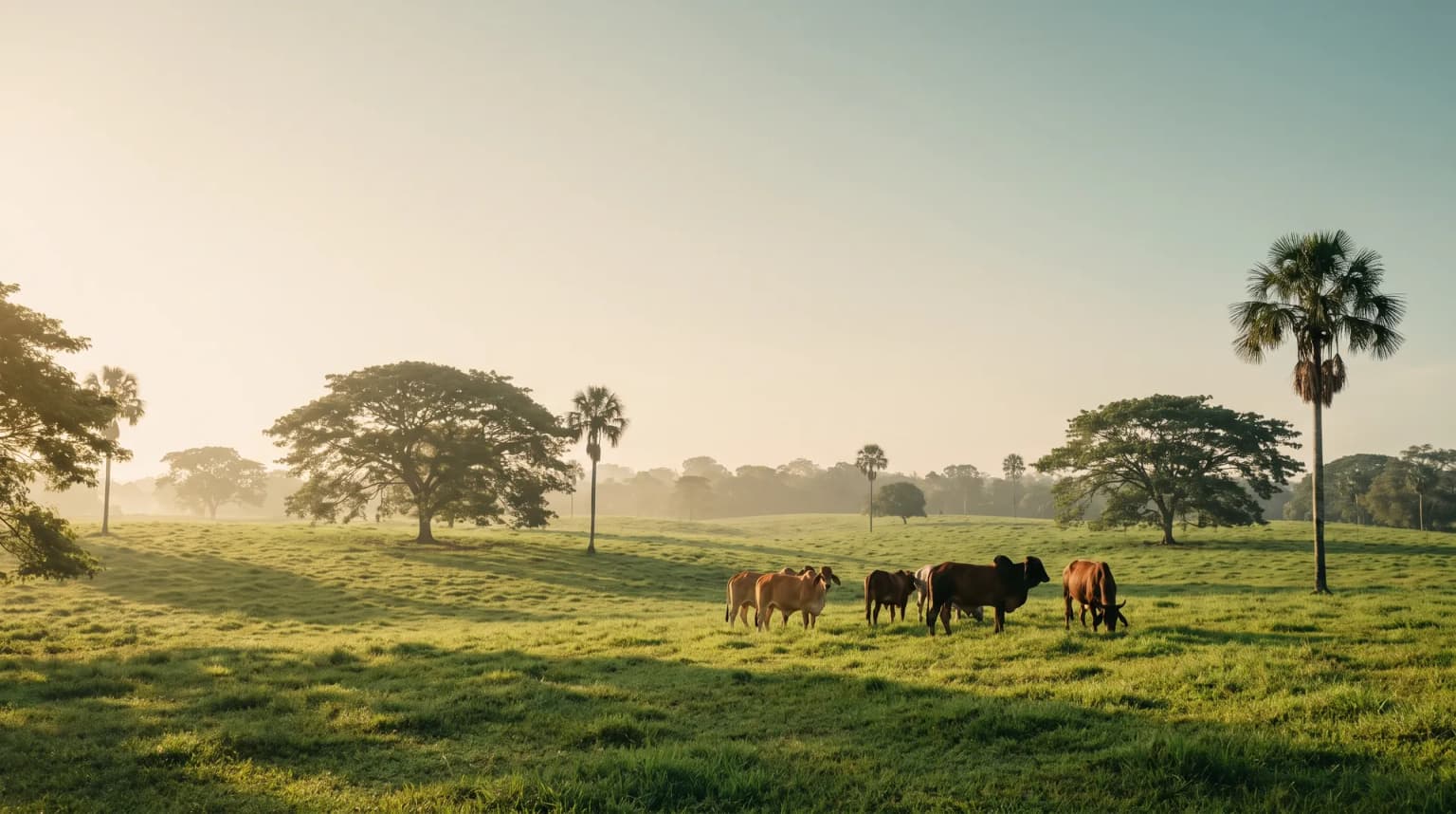 Finca ganadera venezolana con la manada pastando y palmas al fondo, luz natural