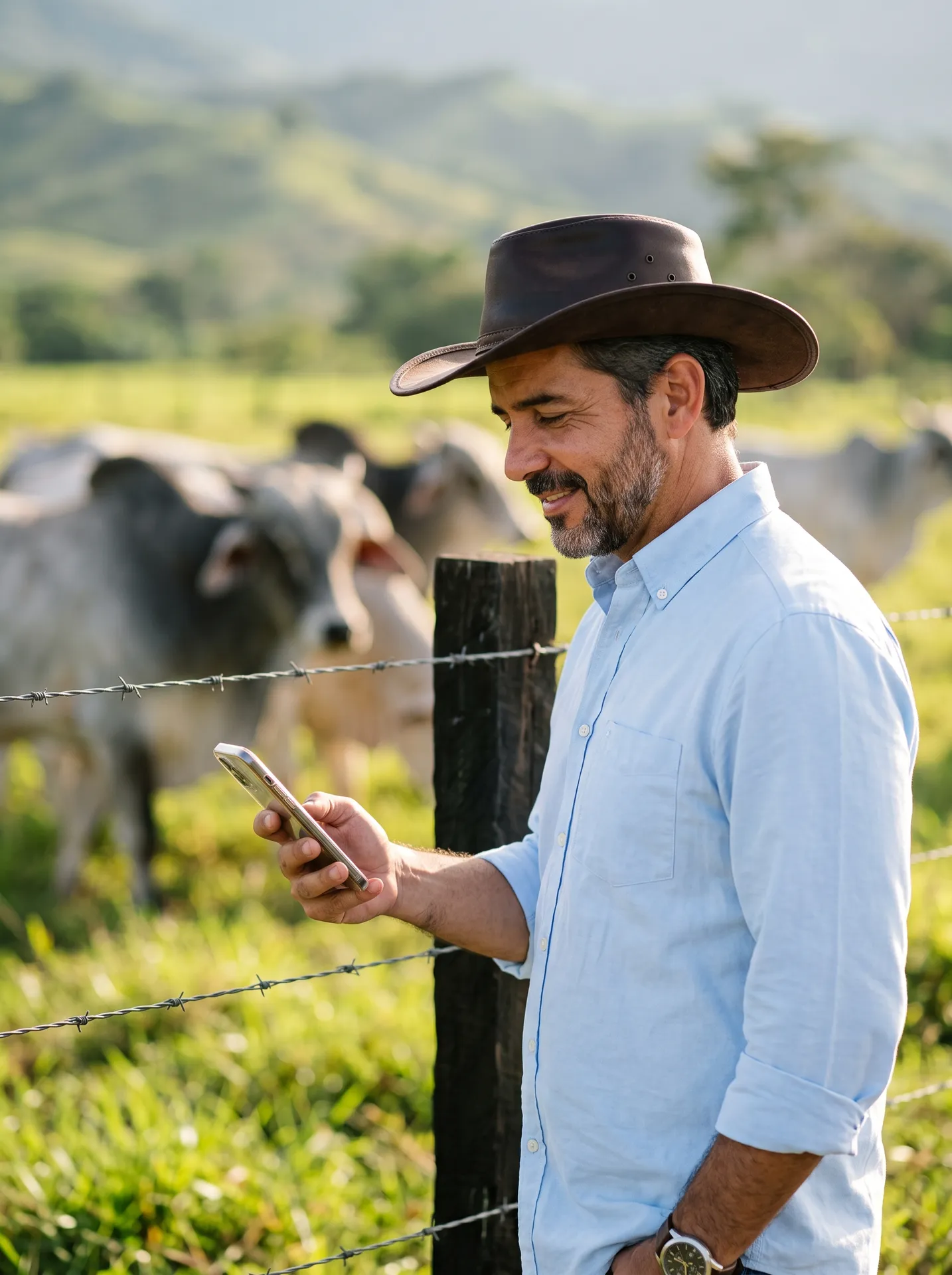 Dueño de finca revisando GanadOS en el celular junto a su ganado